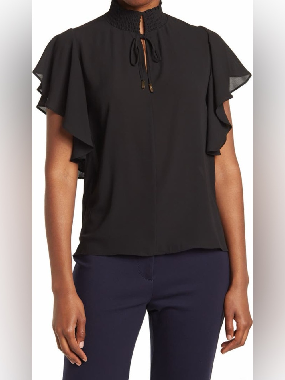 T Tahari Ruffle Sleeve Open Neck Blouse